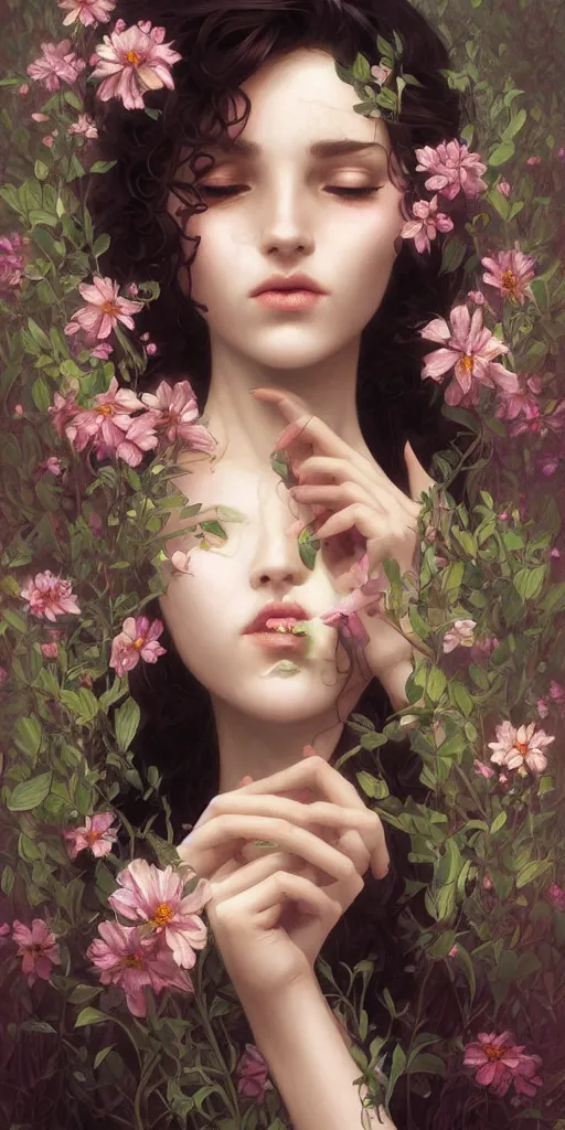 Image similar to surreal beautiful young woman, sitting with flowers, detailed gorgeous face turning into a tree, leaves, dark, ominous, sad eyes, vaporwave aesthetic, synthwave , digital painting, artstation, concept art, smooth, sharp focus, illustration, art by artgerm and greg rutkowski and alphonse mucha