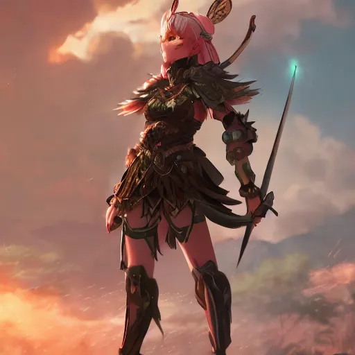 Image similar to character design, beautifull female warrior, fantasy style clothing, anime key visual, official media, illustrated by wlop, extremely detailed, 8 k, trending on artstation, cinematic lighting, beautiful, mist, photorealistic, octane render, unreal engine, hyper detailed, volumetric lighting