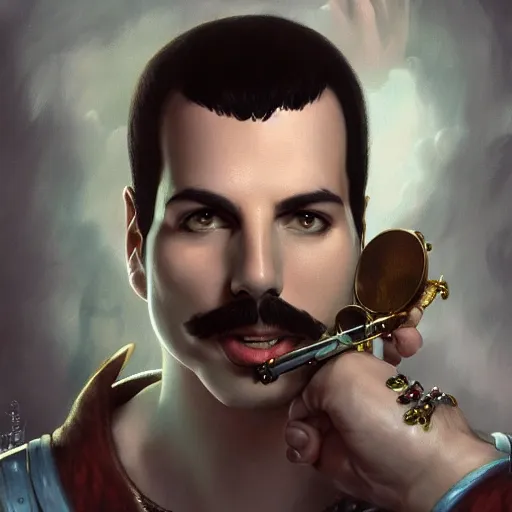 Image similar to portrait of freddie mercury playing super mario, fantasy, intricate, elegant, highly detailed, digital painting, artstation, concept art, matte, sharp focus, illustration, art by aenaluck and roberto ferri and greg rutkowski, epic fantasy, digital painting