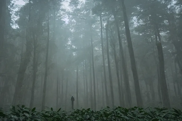 Image similar to a giants perspective of tourists taking a photo of it, lush forest, foggy, cinematic shot, photo still from movie by denis villeneuve