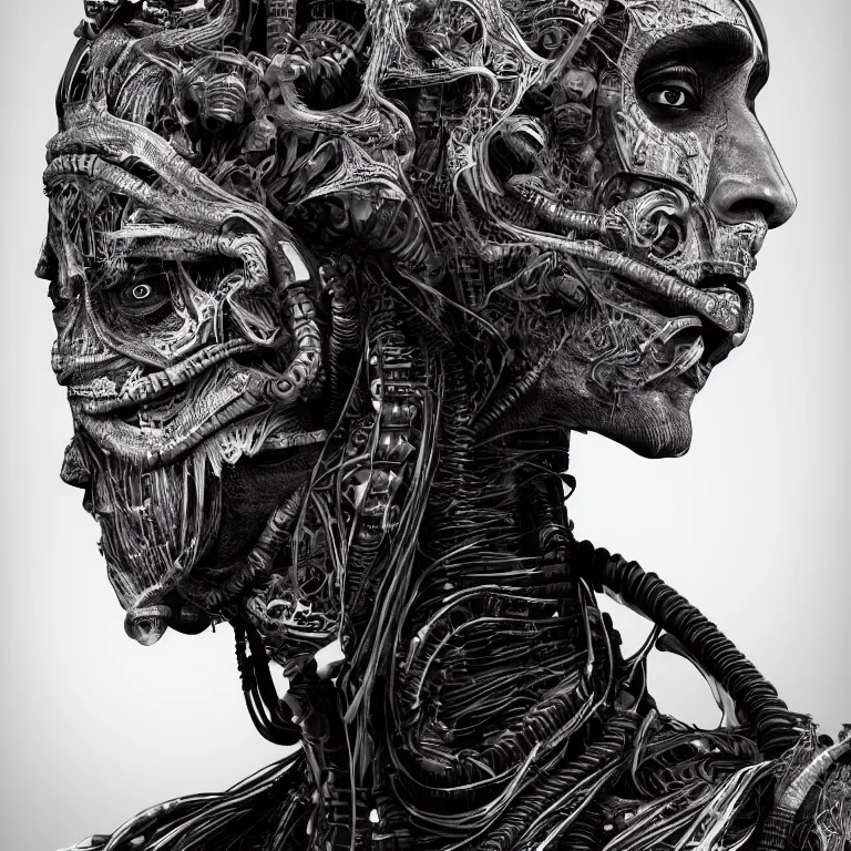 Prompt: surreal spinal ribbed tribal exotic organic face portrait of a cyberpunk fighter, beautiful detailed intricate insanely detailed 3D render digital art, octane render, 8K artistic photography, photorealistic, neon lights