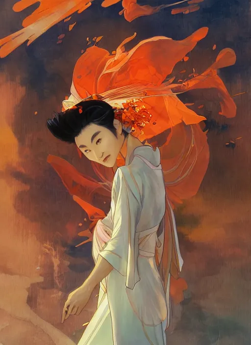 Image similar to mulan, orange spike aura in motion, damaged japanese clothes, floating pieces, painted by art by tsuyoshi nagano, greg rutkowski, artgerm, alphonse mucha, spike painting