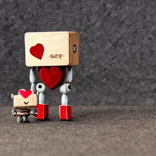 Image similar to a super cute tiny wooden robot has fallen in love with an acorn, octane, tilt shift, googly eyes, hearts, twee