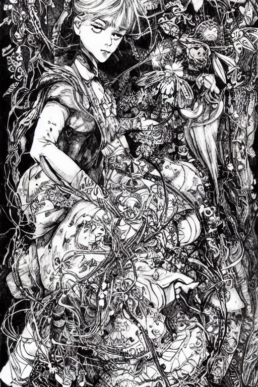 Prompt: Stoner Alice in wonderland tarot card , pen and ink, intricate line drawings, by Yoshitaka Amano, Ruan Jia, Kentaro Miura, Artgerm, watercolor