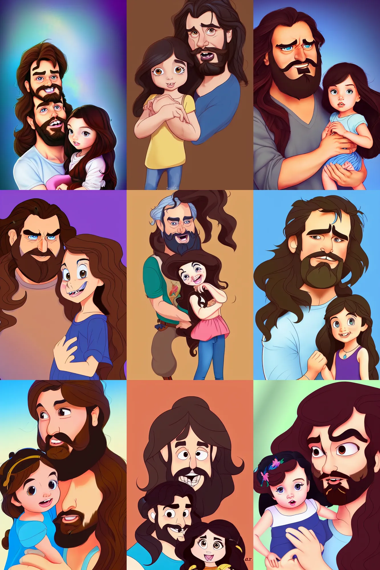 Image similar to a long - haired bearded father and his cartoonish brunette child toddler girl full color digital illustration in the style of don bluth, artgerm, artstation trending, 4 k