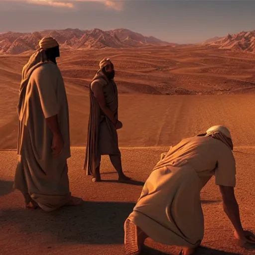 Image similar to moses and the hebrew people in desert praising a golden snake, cinematic view, ultra hd