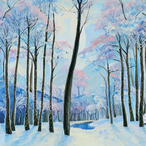 Image similar to a painting of a snowy forest with trees, an acrylic painting by Ray Crooke, metropolitan museum, contest winner, american scene painting, detailed painting