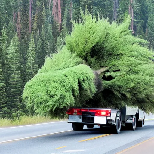 Image similar to Sasquatch tossing a big tree onto highway traffic