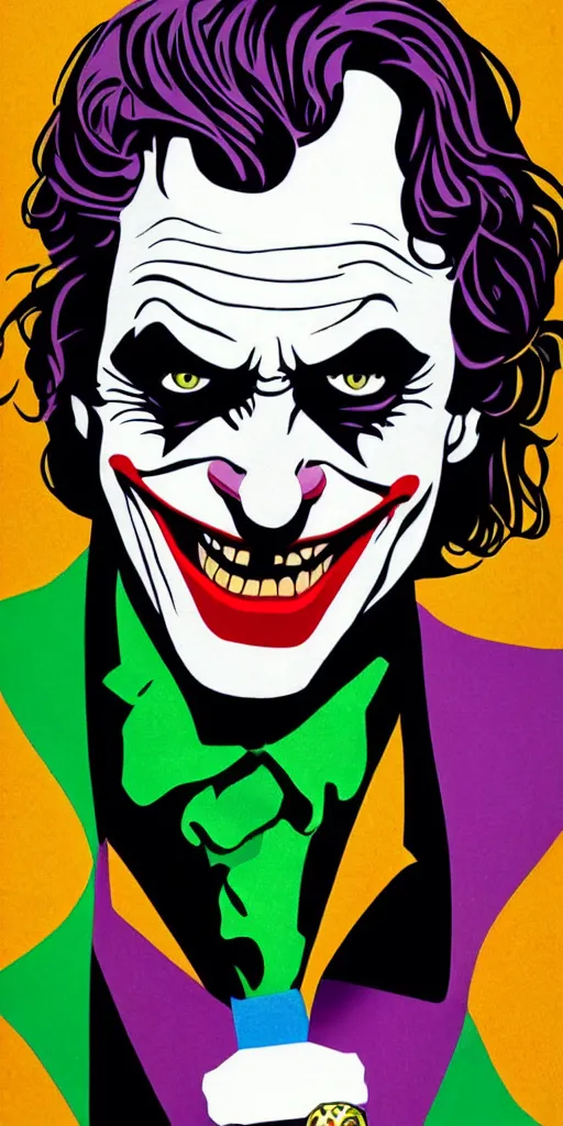 Prompt: the joker. illustration. multicolored. by tom whalen.