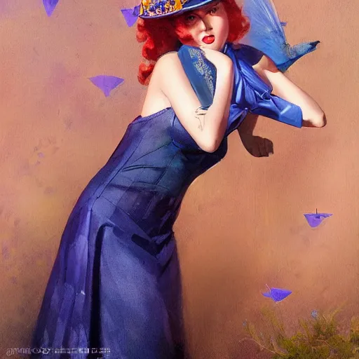 Prompt: an indigo bunting, wearing a crown and bowtie, by greg rutkowski, rossdraws, gil elvgren, enoch bolles, anime, very coherent