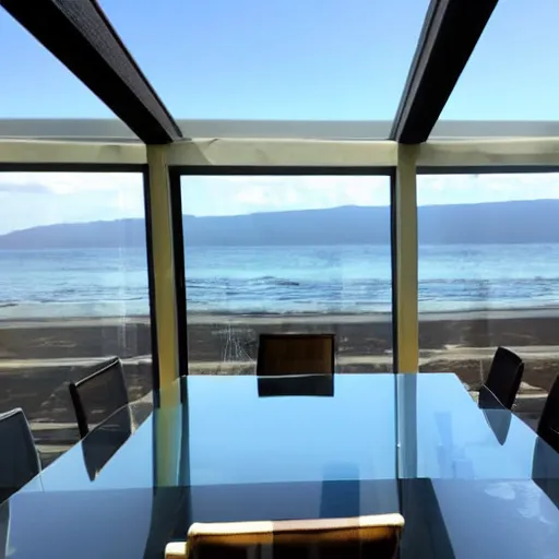 Prompt: beautiful modern glass table with a blurred beautiful sunny beach view in the background