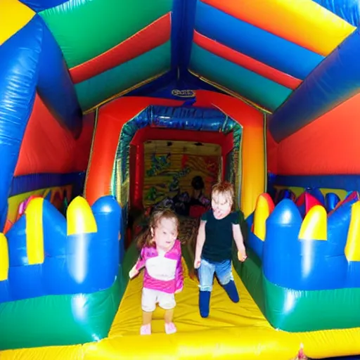 Image similar to a darkly lit indoor children's bounce house photo taken with a deposable camera limital space