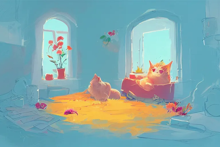 Image similar to a cat is sleeping in the room with flowers around in the afternoon, the sun shines in, by anton fadeev