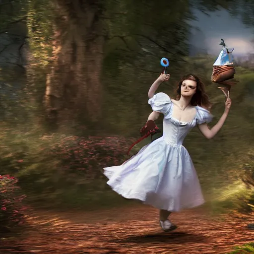 Image similar to Keira Knightley as alice in Wonderland chasing the white Rabbit, hyperrealistic, highly detailed, depth of field, High definition, 8k, octane render, artstation
