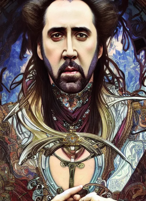 Image similar to Nicolas Cage as God of Beauty, brutal, fantasy, intricate, elegant, highly detailed, digital painting, 4k, HDR, concept art, smooth, sharp focus, illustration, art by alphonse mucha,artgerm, H R Giger