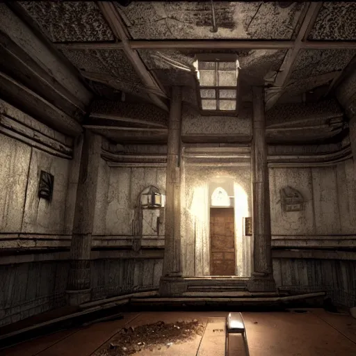 Image similar to interior mazelike architecture from quake, lovecraftian, liminal space, moody lighting, unreal engine 5, hyper detailed, hyper realistic