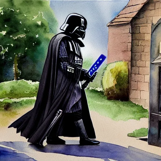 Prompt: a watercolor painting of darth vader leaving a church in a a quaint english village