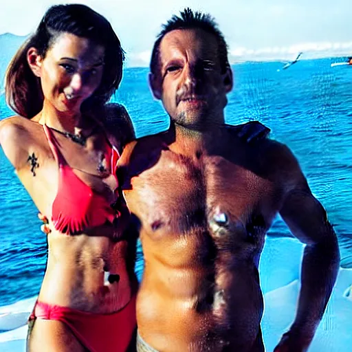 Image similar to photo of a 4 0 year old man that looks young for his age dating a very attractive 2 2 year old woman wearing a bikini. they are at a nightclub.