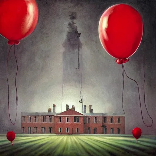 Image similar to grunge painting of an insane asylum with a red balloon by chris leib, creepy lighting, horror theme, detailed, elegant, intricate, conceptual, volumetric light