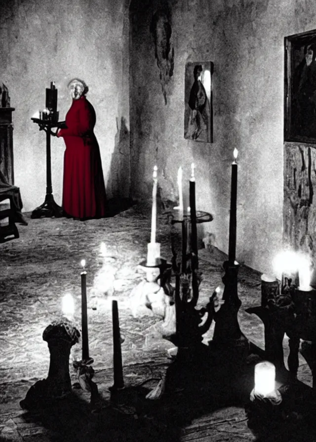 Prompt: a seance conducted by an old woman dressed in red, candle light, ghosts, ominous, by federico fellini