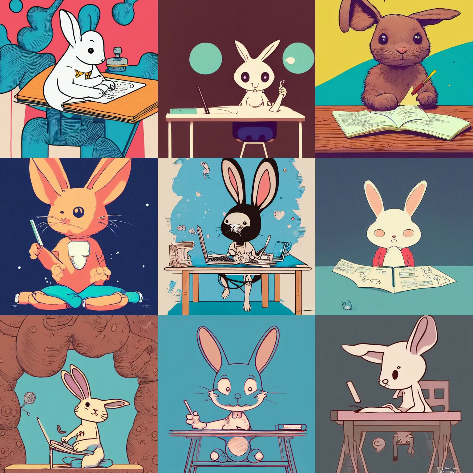 Prompt: a cute happy cartoon rabbit sitting at a desk writing on a paper, llustration, josan gonzales, wlop, james jean, Victo ngai, David Rubín, Mike Mignola, Hergé, Joost Swarte, Moebius, Laurie Greasley, artgerm, highly detailed, sharp focus, Trending on Artstation, HQ, deviantart