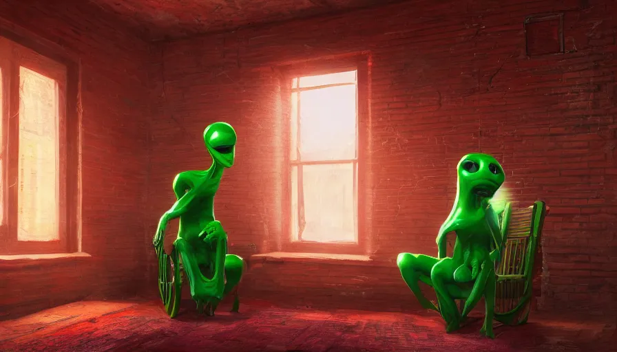 Image similar to green alien sitting on rocking chair, looking red light through the windows, brick house, hyperdetailed, artstation, cgsociety, 8 k