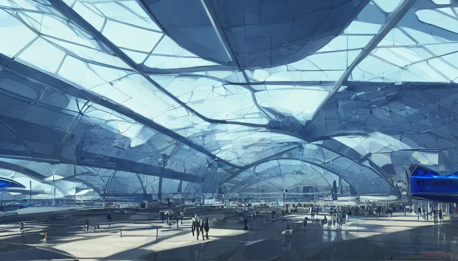 Prompt: futuristic blue airport with glass domes, airplanes, sunny day, volumetric light, berlin, hyperdetailed, artstation, cgsociety, 8 k
