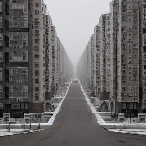 Prompt: soviet city with big grey blocks of flats