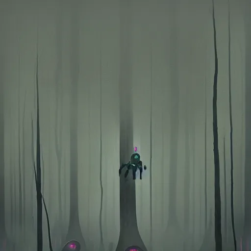 Image similar to simon stalenhag, bionicle, forest, foggy, horror