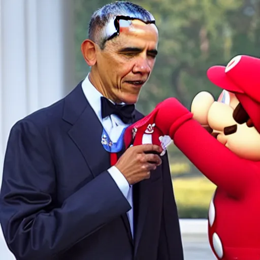 Image similar to obama gives mario the medal of honor