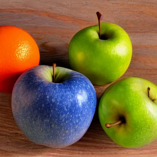 Prompt: 4 blue apples and 1 orange in a bowl, photo 4k