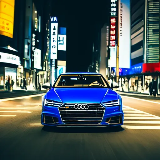 Image similar to photo of a dark - blue audi a 7 sportsback designed by aaple at night driving fast through a shibuya, cinematic, 4 k, long exposure photography, tokyo drift, fast and furious, kodak portra 4 0 0