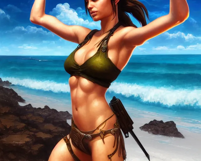 Image similar to photography of lara croft in bikini at the beach, deep focus, d & d and mtg, fantasy, intricate, elegant, highly detailed, digital painting, artstation, concept art, matte, sharp focus, illustration, hearthstone, art by artgerm and greg rutkowski and alphonse mucha