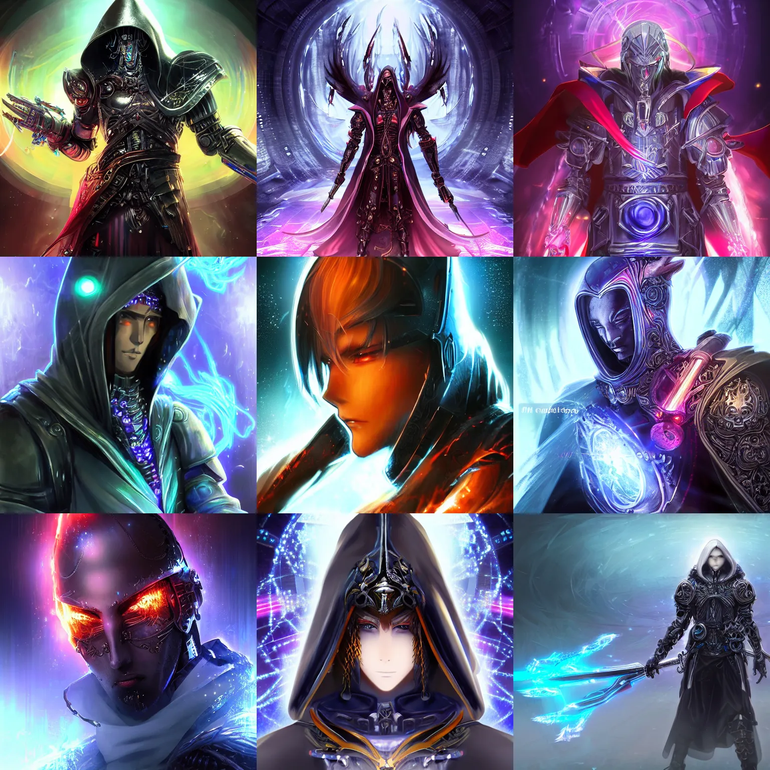 Prompt: 2.5D CGI anime fantasy portrait artwork of a hooded intricate cybernetic sorcerer warrior character with high quality glistening beautiful colors, rich moody atmosphere, reflections, specular highlights, omnipotent, megastructure realistic detailed background, brandishing iridescent cosmic weapons, colourful 3D crystals and gems, dark ominous clothing, gritty realistic smoke, animated, animation, portrait in the style of Makoto Shinkai and Greg Rutkowski