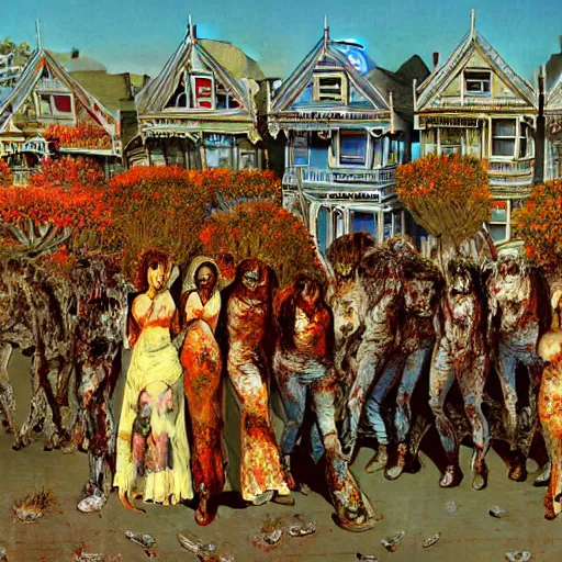 Image similar to painted ladies in san francisco swarmed by an army of zombies. painting by michael walen and bruce pennington.