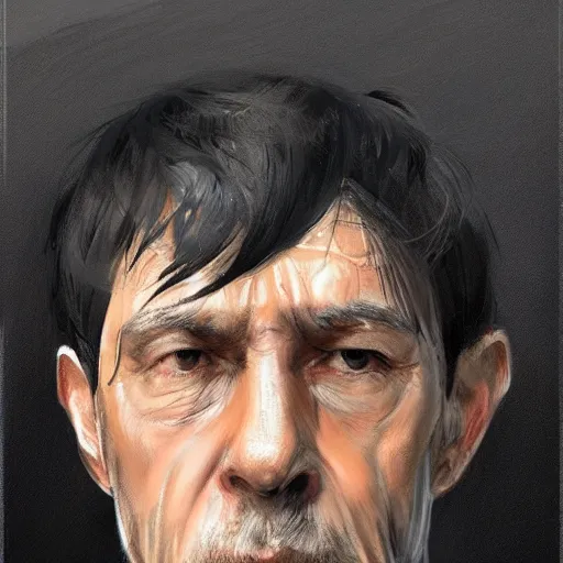 Image similar to Portrait of a man by Greg Rutkowski, he is about 60 years old, short black hair with bangs, his features are a mix between French, Turkish and Russian, expression of contempt, sorrow and resignation, he is wearing a futuristic tactical gear, highly detailed portrait, digital painting, artstation, concept art, smooth, sharp foccus ilustration, Artstation HQ.