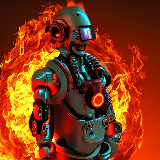 Image similar to An album cover, fire, mask, stethoscope, 3d render, robot, unreal engine, portrait