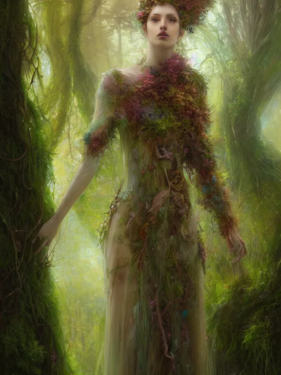 Image similar to Full View Portrait Mystical ethereal Forest deity wearing beautiful dress, vines tree bark moss Dryad made of forest beautiful dress, 4k digital masterpiece by Craig Mullins and Ruan Jia and Tom bagshaw, Alberto Seveso, fantasycore, Hyperdetailed, realistic oil on linen, soft lighting, kush background, featured on Artstation, textured, stylized, intricate details