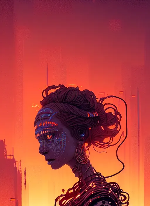 Image similar to highly detailed portrait of an android long curly fire hair tribal lady, stray wiring by atey ghailan, james gilleard, by joe fenton, by greg rutkowski, by greg tocchini, by kaethe butcher, 4 k resolution, gradient red, orange, black and white color scheme!!! ( ( burning flaming robotic dystopian city background ) )