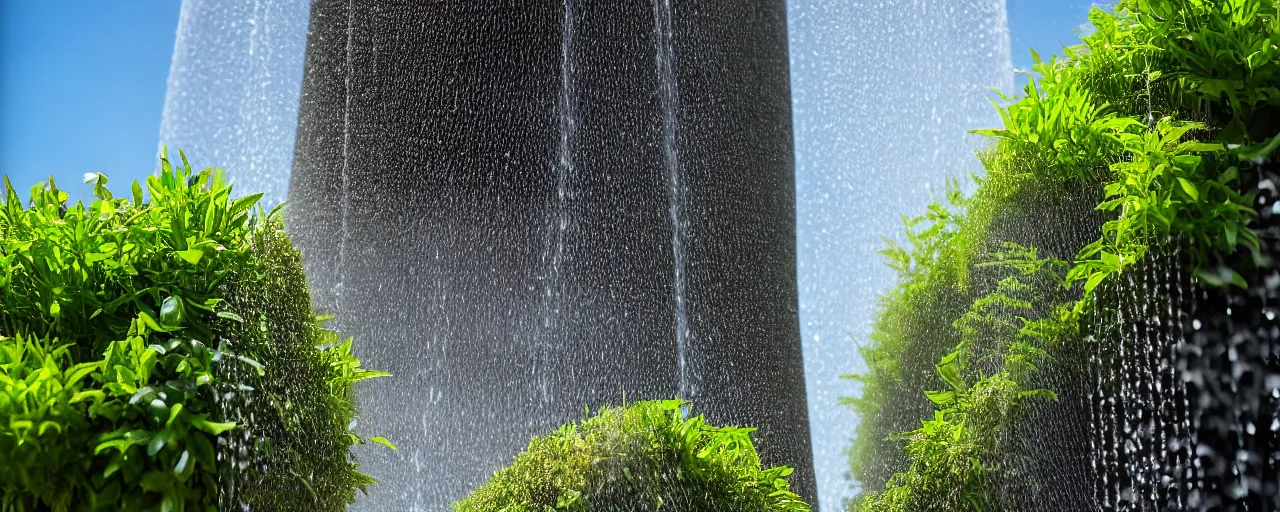 Image similar to torus shaped electrostatic water condensation collector tower, irrigation system in the background, vertical gardens, in the middle of the desert, XF IQ4, 150MP, 50mm, F1.4, ISO 200, 1/160s, natural light