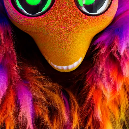 Image similar to photo of a dramatically lit brightly colored detailed alien with thick long wavy fur staring into your soul sigma 5 0 mm f / 1. 4