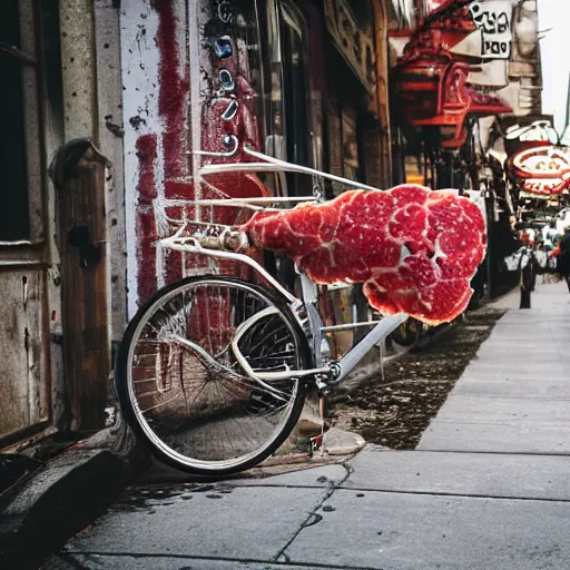 Image similar to bicycle made of charcuterie, meat cycle, beef bike, flesh bicycle, glisten, oily, dripping, mechanical, street photography, cityscape,