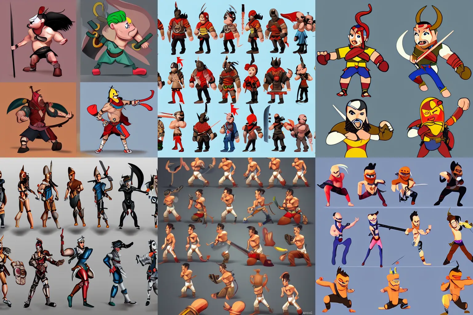 Prompt: Cartoon warrior, multiple poses, concept, favorite, trending, digital art,