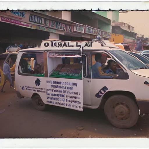 Image similar to old polaroids of futuristic african mobile market places in lagos traffic, side of taxi as fruit stand, digital advertising screens