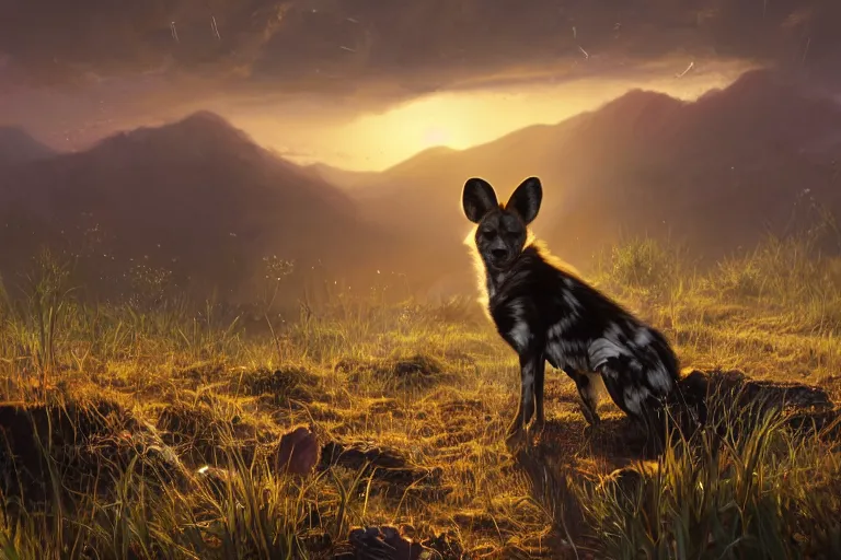 Prompt: an african wild dog sitting up on the african plains, friendly, long grass, sparkling water, glistening, hyper realistic, hyper detailed, digital art, trending in artstation, cinematic lighting, studio quality, smooth render, unreal engine rendered, octane rendered, by paul lehr