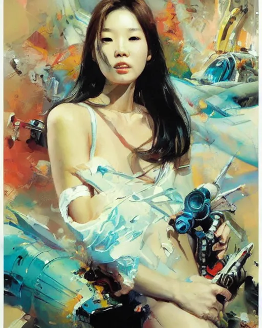 Image similar to Lee Jin-Eun by John Berkey and Gerald Brom, rule of thirds, seductive look, beautiful, in intergalactic hq, ethereal, Refined, masterpiece