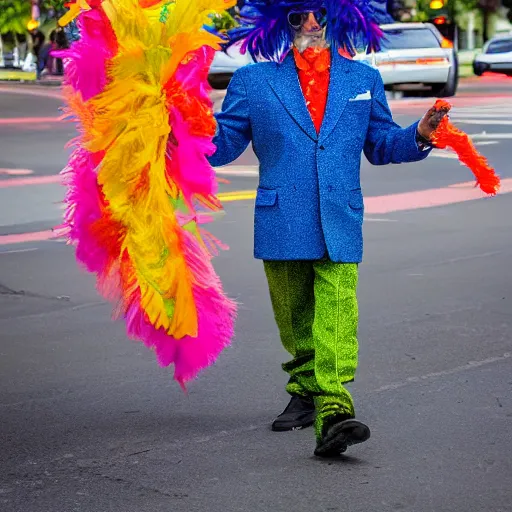 Image similar to a man made of colorful feather boas walking across the street