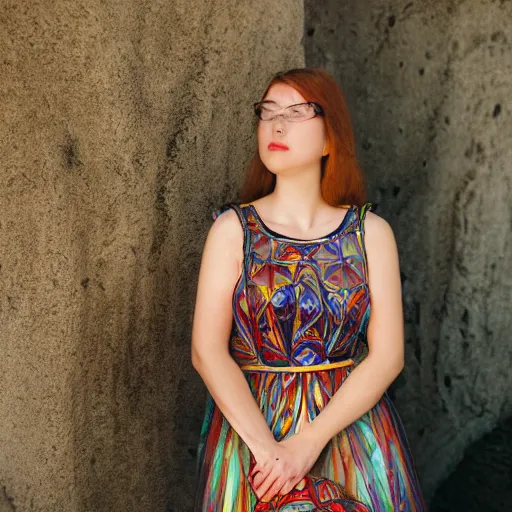 Prompt: beautiful woman wearing stained glass dress, highly detailed, ray of light, translucent, 35mm lens, award winning, 8K