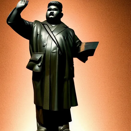 Image similar to greek statue pose, hyper - realistic photo of kim jong - un accepting surrender us volumetric lighting, 8 k, octane perfectly detailed rendering, extremely hyper detailed, intricate, epic composition, cinematic lighting, masterpiece, artstation trend, very highly detailed, stunning, hdr, smooth, sharp focus, high resolution, award winning photo, dslr, 5 0 mm