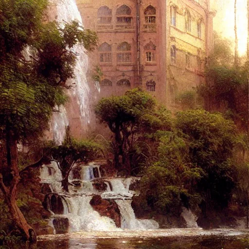 Image similar to waterfall flooding an entire village. victorian age. highly detailed painting by gaston bussiere, craig mullins, j. c. leyendecker